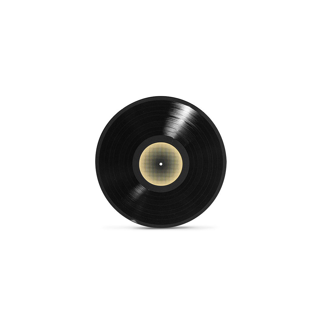 Disco de vinil preto isolado sobre fundo neutro, sulcos e label central legíveis, foto em alta definição.