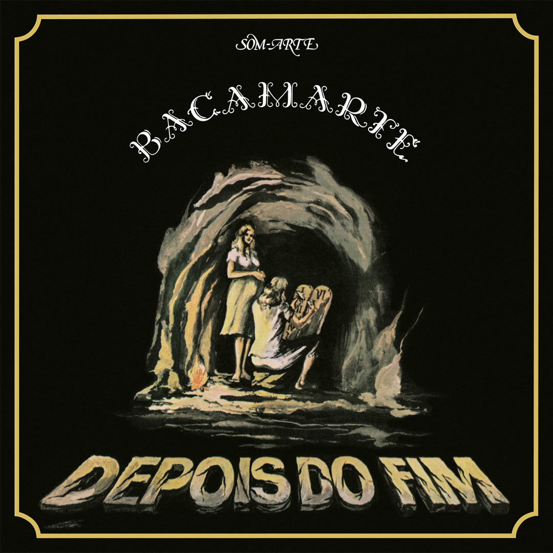 Capa do álbum Depois do Fim da banda Bacamarte com ilustração de figuras em uma caverna sobre fundo preto.
