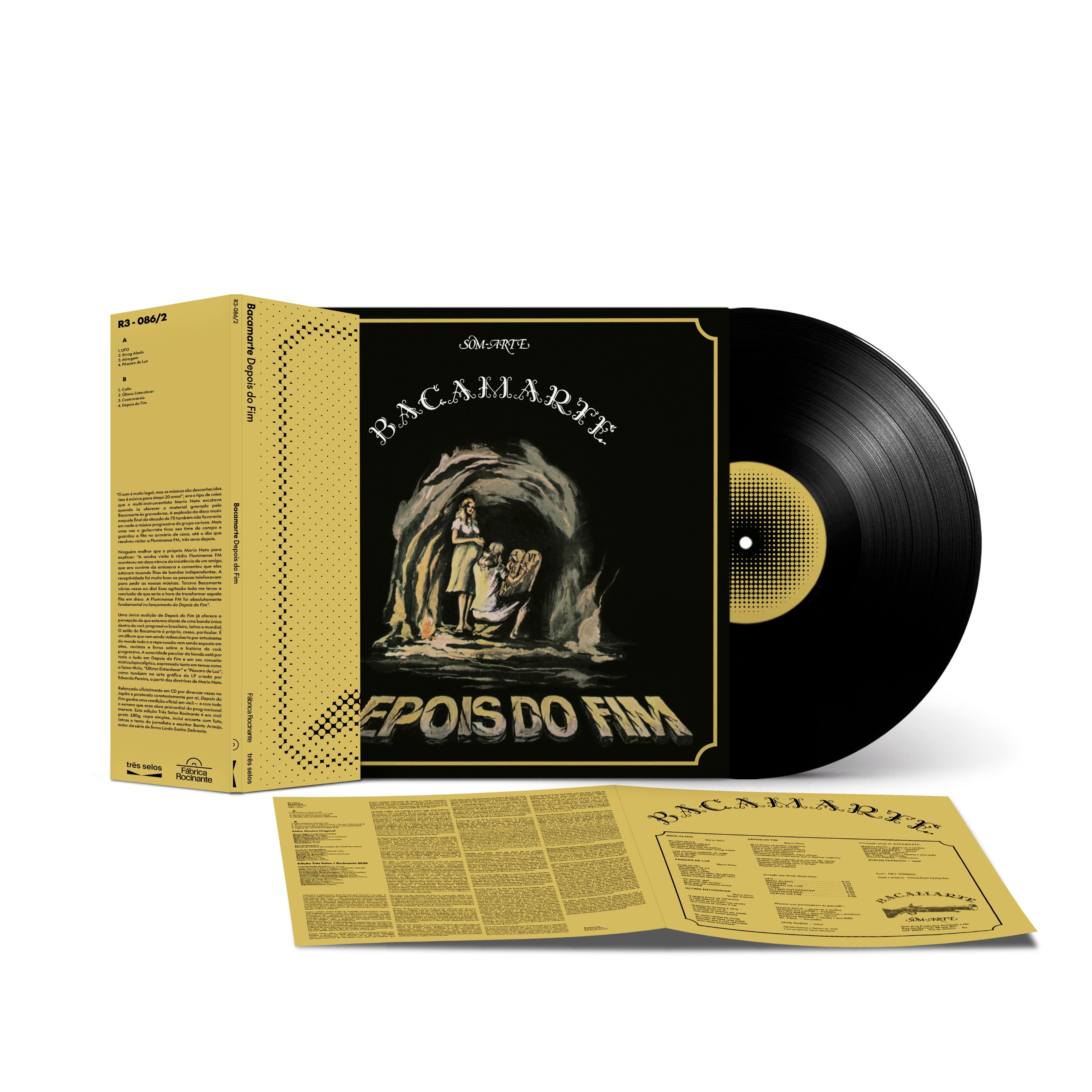 Edição em vinil de Depois do Fim do Bacamarte com capa, disco preto, luva protetora e encarte aberto.