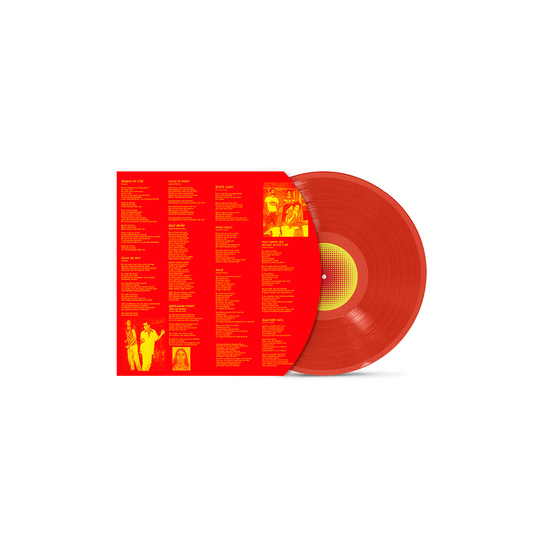 Envelope interno do álbum do Barão Vermelho (disco de vinil) com disco vermelho parcialmente para fora.