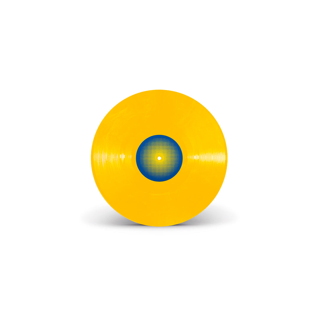 Disco de vinil amarelo do álbum Estado de Espírito de Beto Barreto, Manoel Cordeiro e Pupillo, isolado sobre fundo neutro.