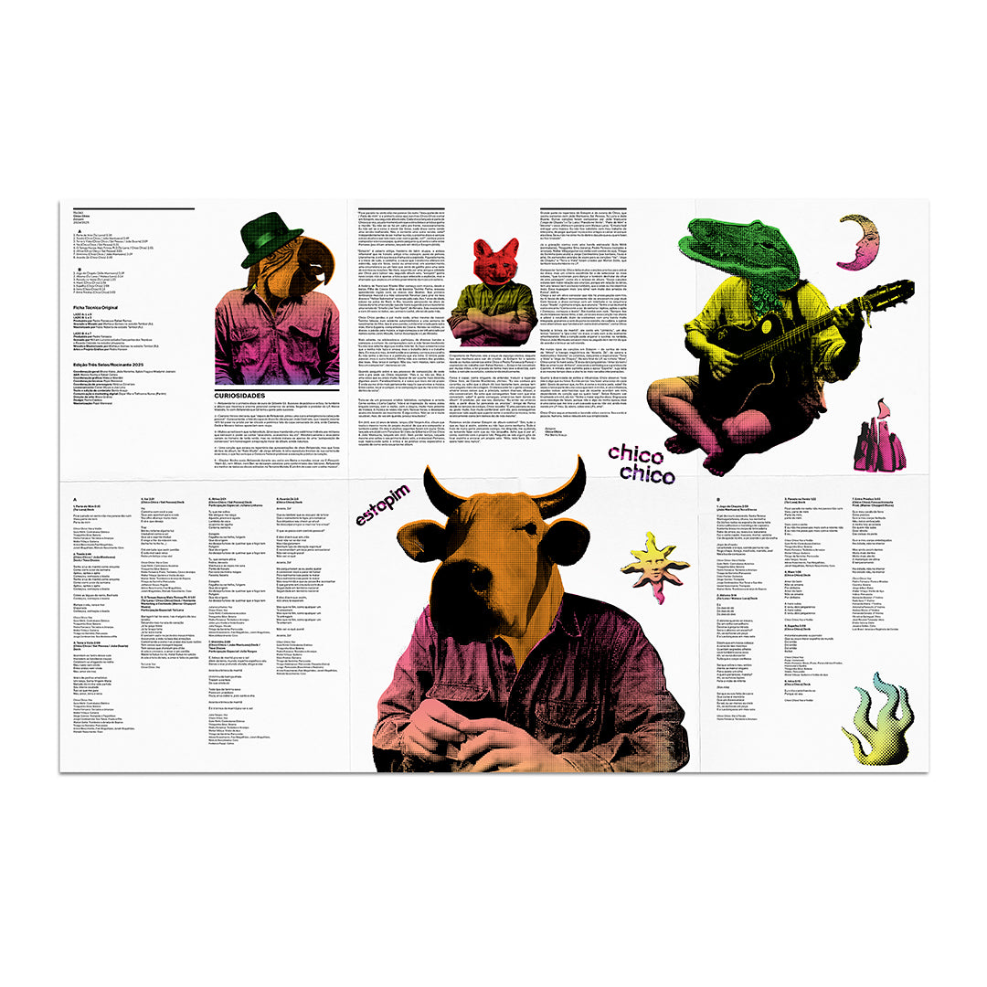 Encarte aberto com letras, créditos e ilustrações da edição em LP de Estopim de Chico Chico.
