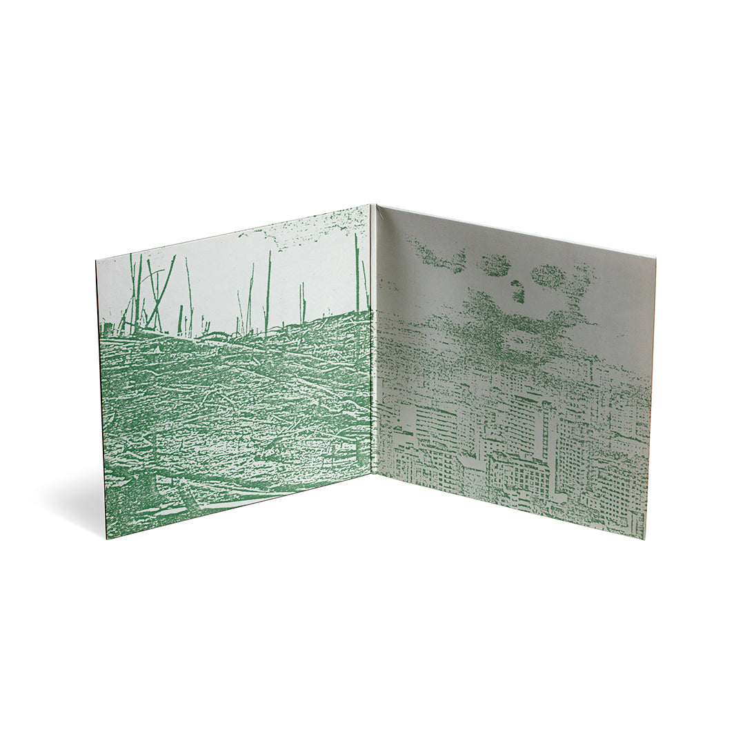 Capa aberta do álbum "Verde, não devaste!" da banda Cólera, apresentando ilustrações em tons de verde.