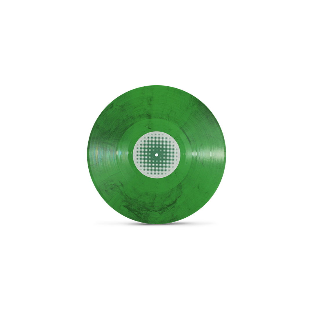 Disco de vinil na cor verde esmeralda marmorizado do álbum "Verde, não devaste!" da banda Cólera, isolado sobre fundo branco.