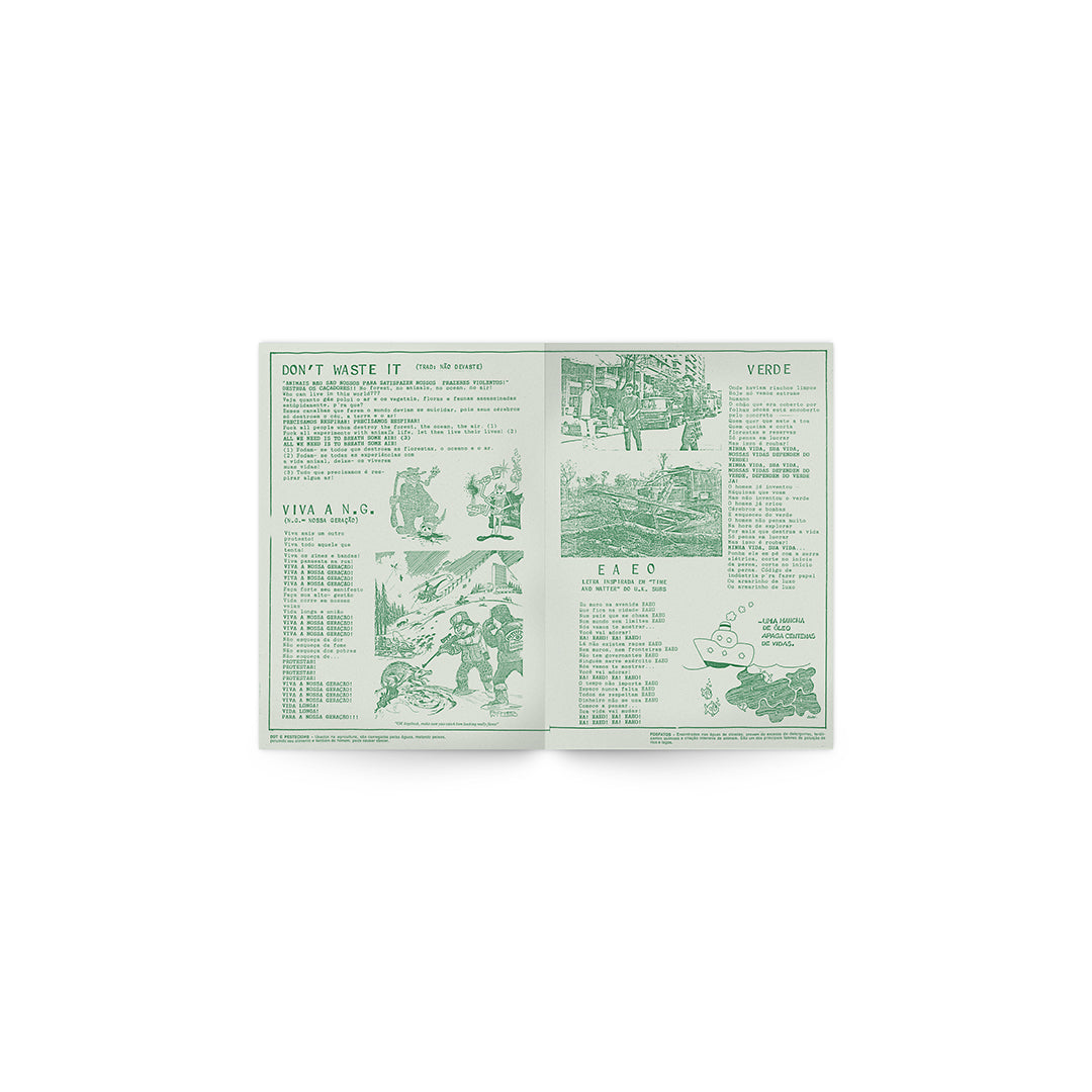 Encarte aberto do álbum "Verde, não devaste!" da banda Cólera, apresentando textos, manifestos e ilustrações em tons de verde.