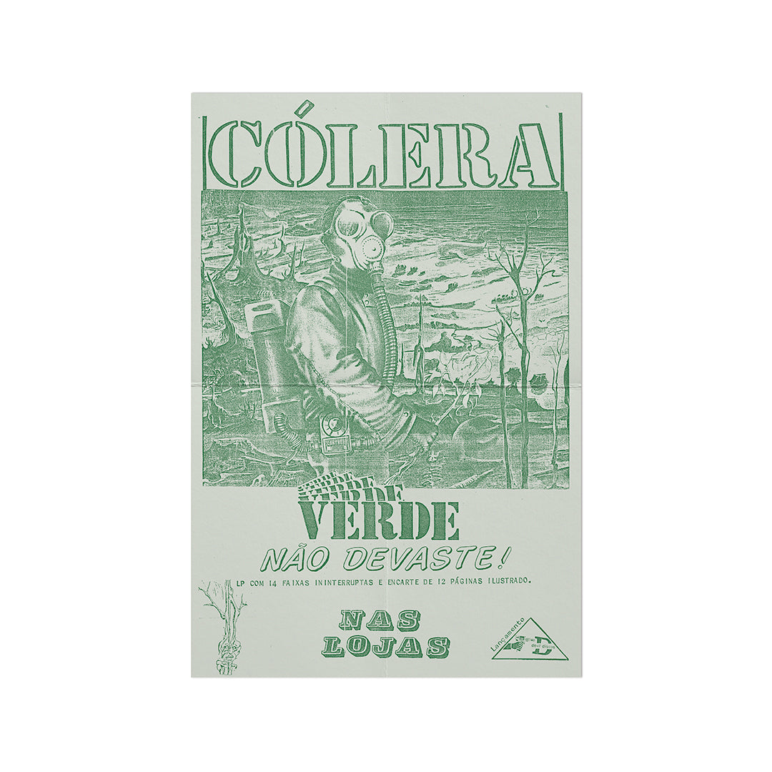 Flyer promocional do álbum "Verde, não devaste!" da banda Cólera, com a arte original em verde e branco e informações sobre o lançamento.