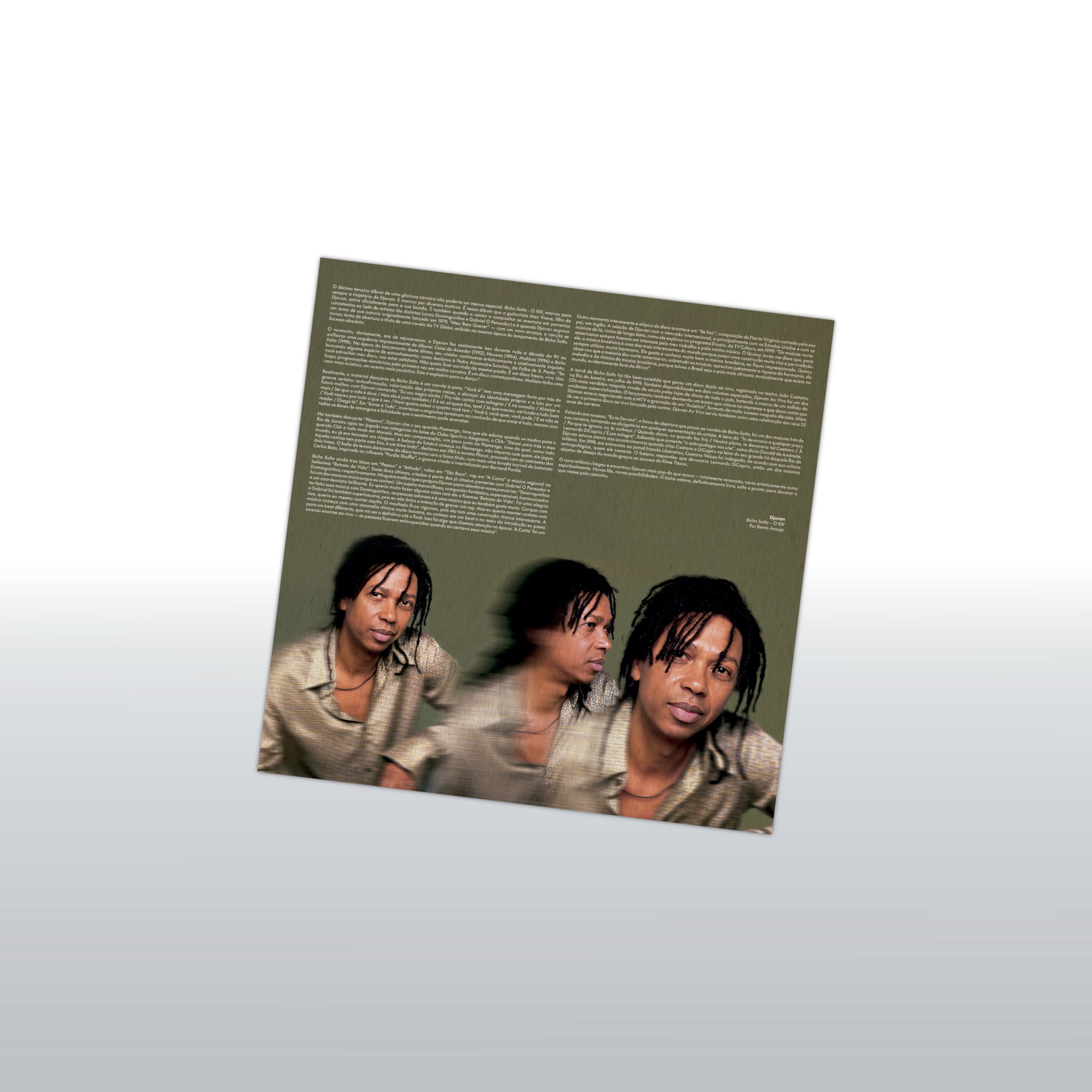 Livreto com texto e fotografia de Djavan incluído na edição dupla em LP de Bicho Solto O XIII.