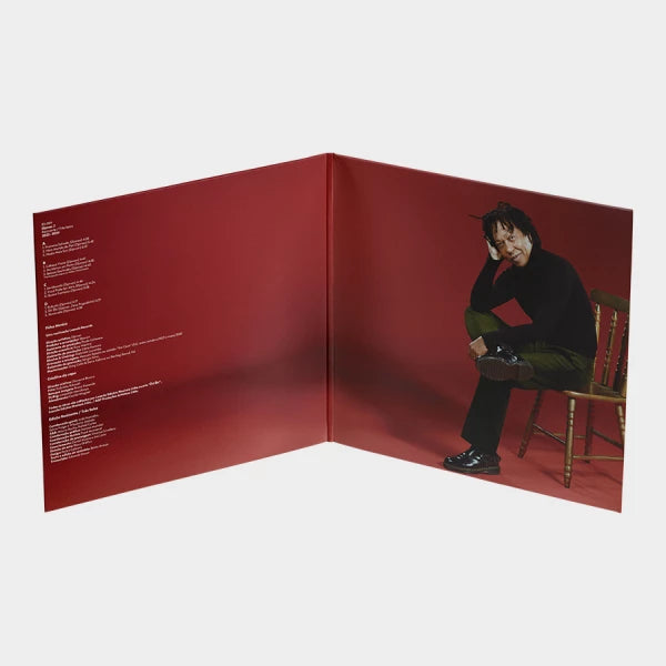 Capa gatefold aberta do álbum D de Djavan com fotografia do artista e créditos internos.