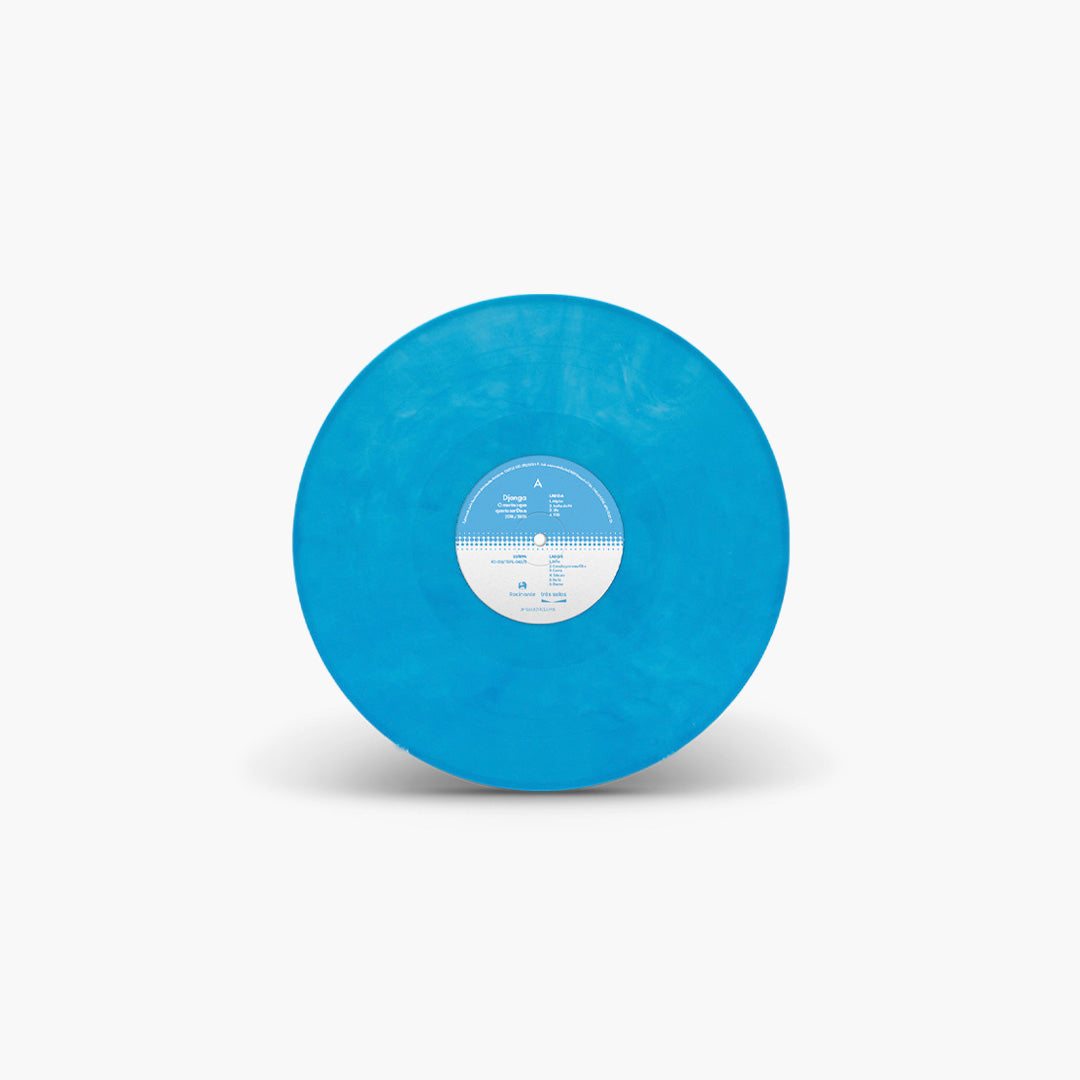 Disco azul marmorizado da edição em vinil LP do álbum O Menino Que Queria Ser Deus de Djonga exibindo o selo central personalizado.