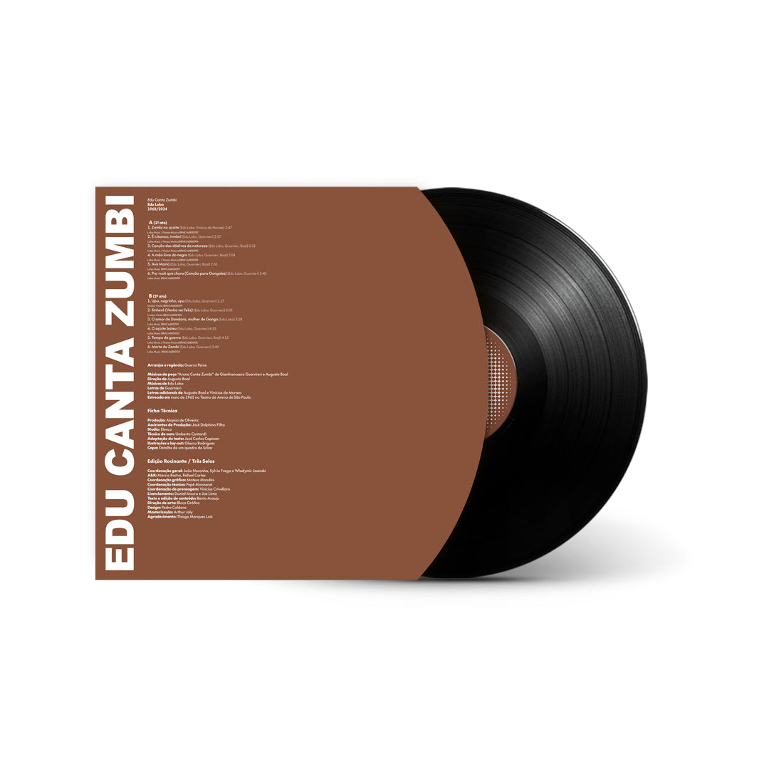 Envelope interno da edição em vinil LP de Edu Canta Zumbi de Edu Lobo com design gráfico em tom marrom, informações do álbum impressas e disco de vinil preto parcialmente exposto.