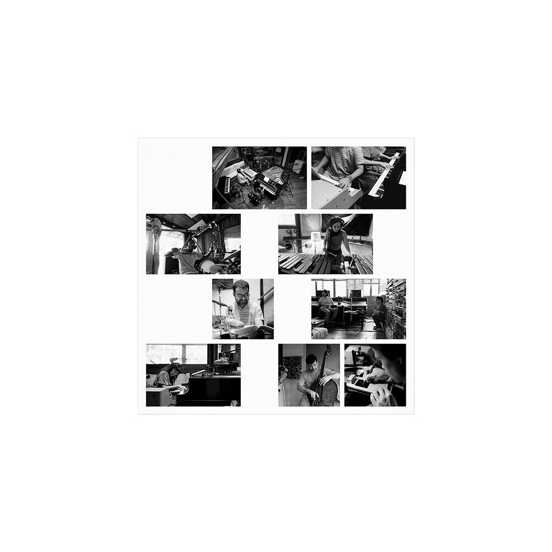 Encarte interno do álbum Villa-Lobos de Erika Ribeiro com colagem de fotografias em preto e branco registrando músicos e equipe durante sessões de gravação em estúdio, incluindo piano, contrabaixo, percussão e equipamentos de produção musical.