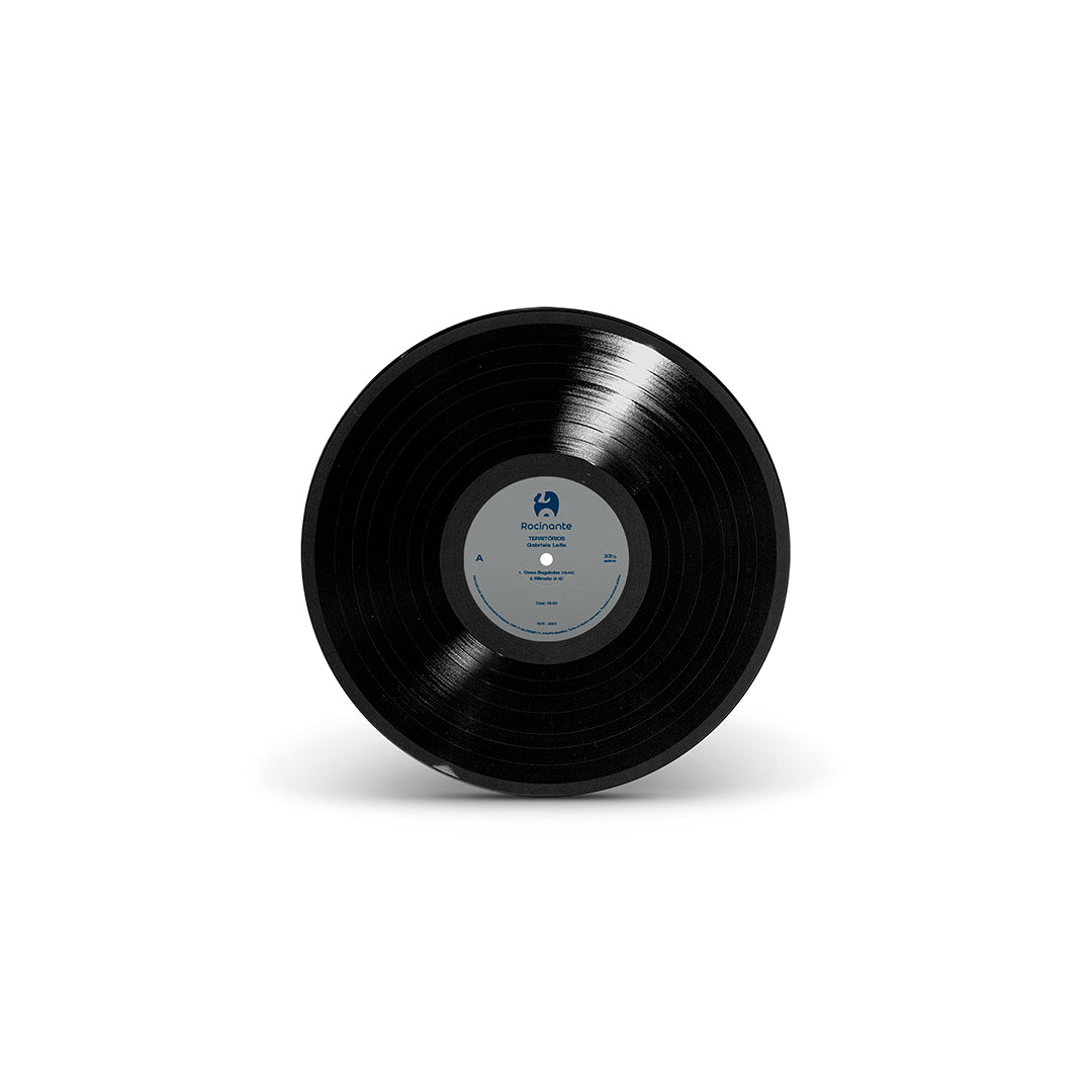 Disco de vinil "Territórios" da Gabriele Leite na clássica cor preta, com o selo central visível e os sulcos do LP.