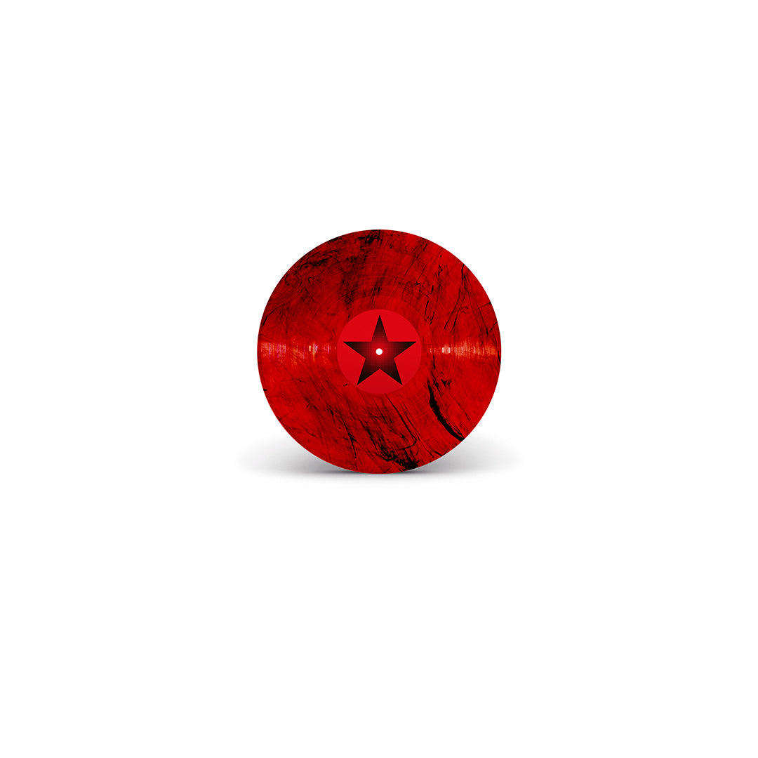Disco de vinil vermelho marmorizado do álbum Rock Doido de Gaby Amarantos, com textura visual que mistura tons de vermelho e veios escuros, acompanhado de selo central vermelho decorado com uma estrela preta.