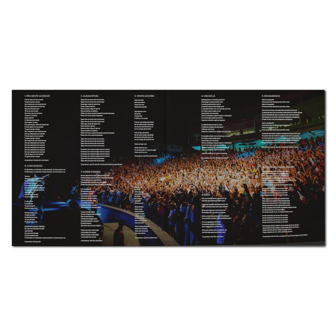 Encarte com letras do álbum Pra Gente Acordar - Ao Vivo na Concha Acústica do TCA de Gilsons (disco de vinil).