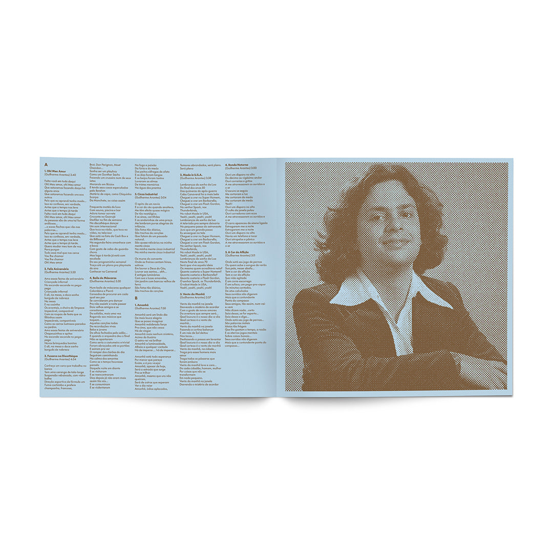 Encarte do LP Ronda Noturna de Guilherme Arantes com letras das músicas distribuídas em colunas e fotografia do artista em página inteira (disco de vinil).