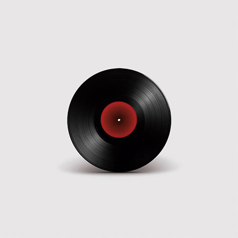 Disco de vinil preto do álbum Sabor de Amor de Hyldon com rótulo central vermelho em padrão gráfico circular (disco de vinil).
