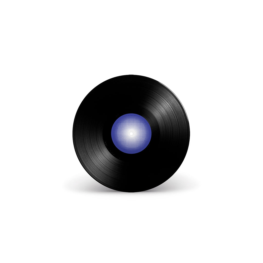 Disco de vinil preto do álbum Big Buraco de Jadsa com rótulo central azul em padrão gráfico de pontos brancos (disco de vinil).