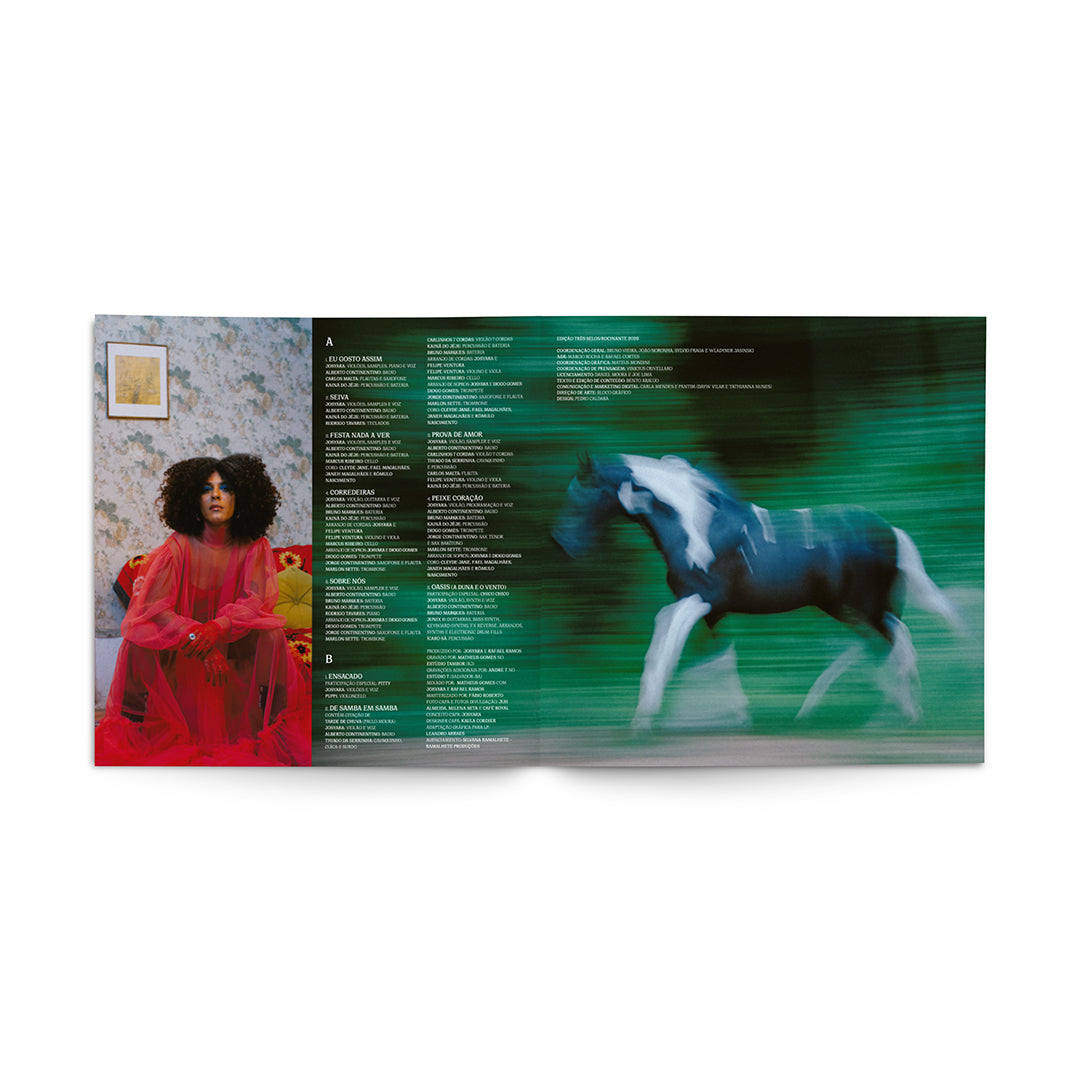 Encarte do LP Avia de Josyara com letras das músicas, fotografia da artista em vestido rosa e imagem desfocada de cavalo em movimento sobre fundo verde (disco de vinil).