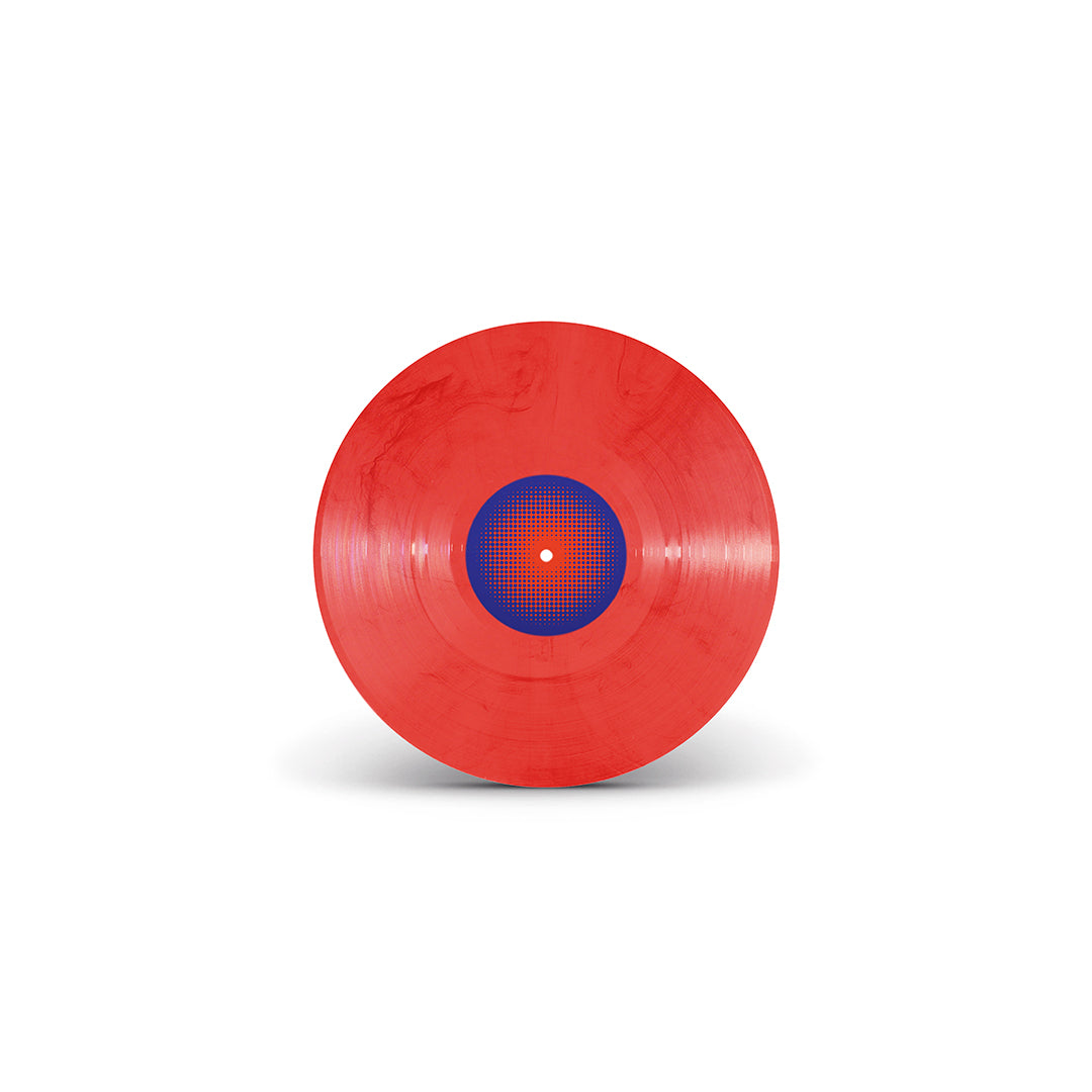 Disco de vinil vermelho translúcido do álbum Avia de Josyara com rótulo central azul e vermelho em padrão gráfico de pontos (disco de vinil).