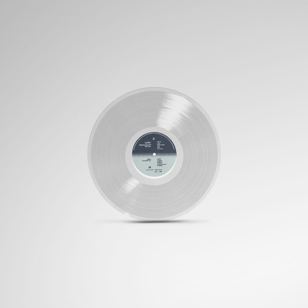 Disco de vinil transparente com rótulo central em tons de azul e cinza (disco de vinil).