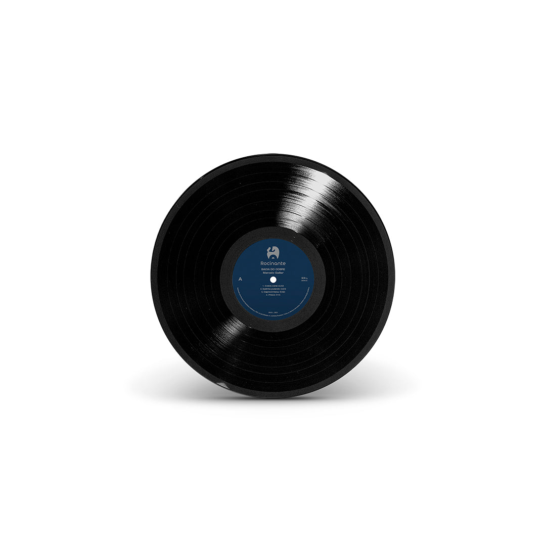Disco de vinil preto com rótulo central azul da Rocinante.
