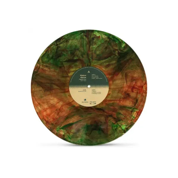 Disco de vinil marmorizado com mistura de tons verdes, marrons e alaranjados e rótulo central bege.