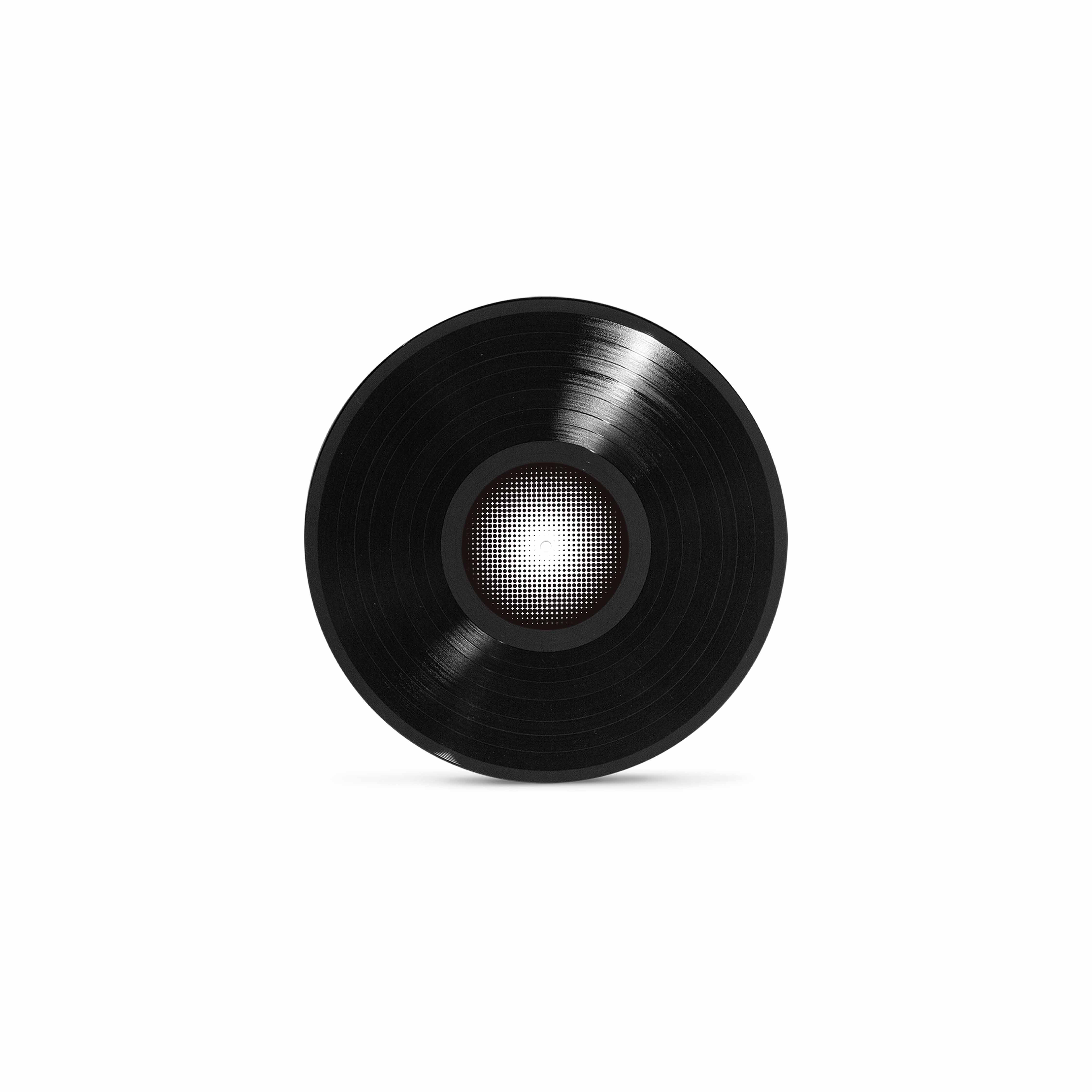 Disco de vinil preto com rótulo central em padrão geométrico circular preto e branco.