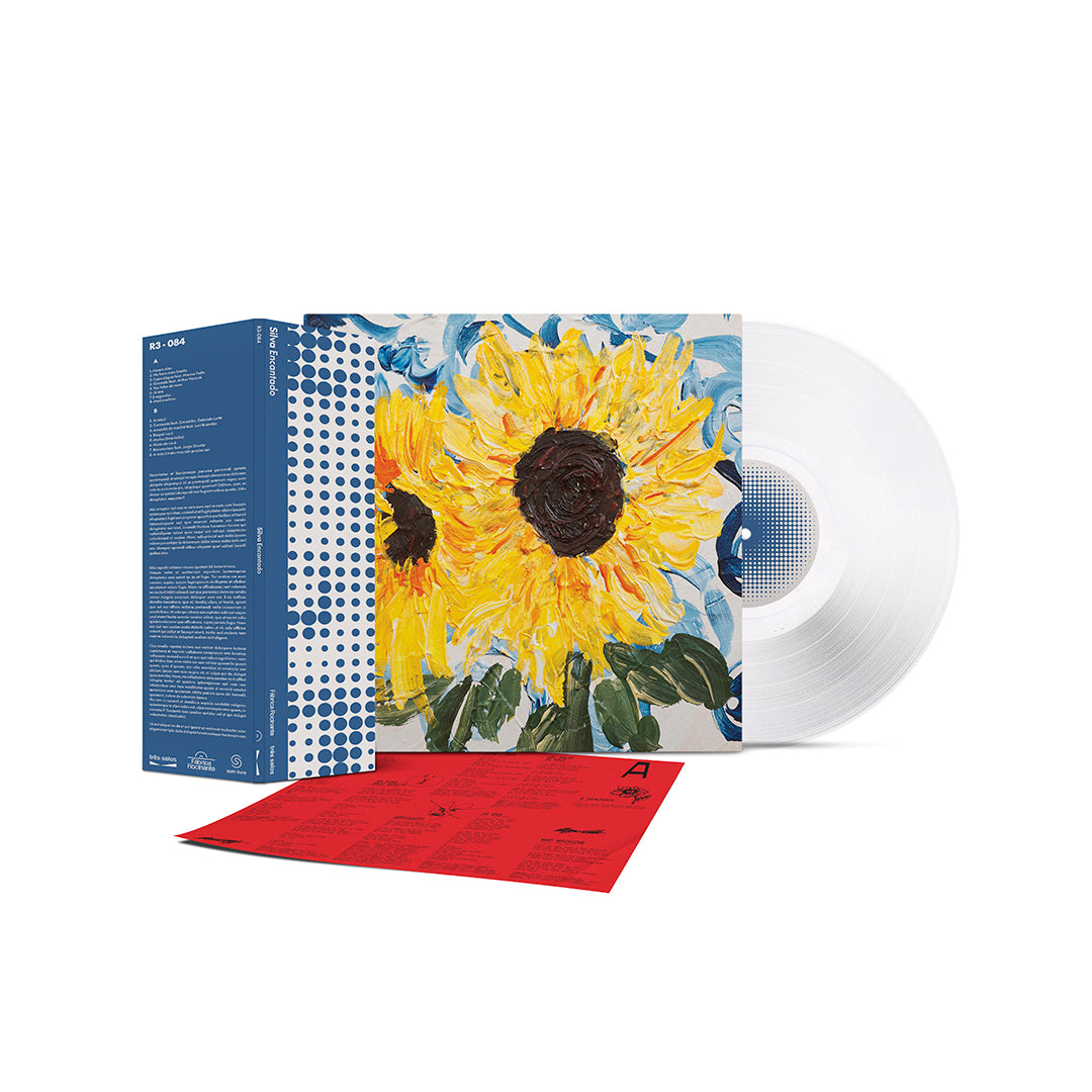 Mockup completo do disco de vinil "Encantado" do Silva, mostrando a capa, o disco, encarte e outros materiais gráficos.