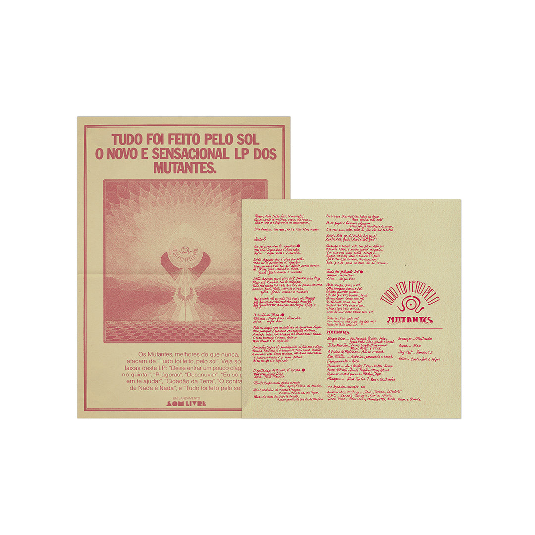 Conjunto de encartes com textos, letras e ilustrações em tons bege e vermelho da edição Tudo Foi Feito Pelo Sol.