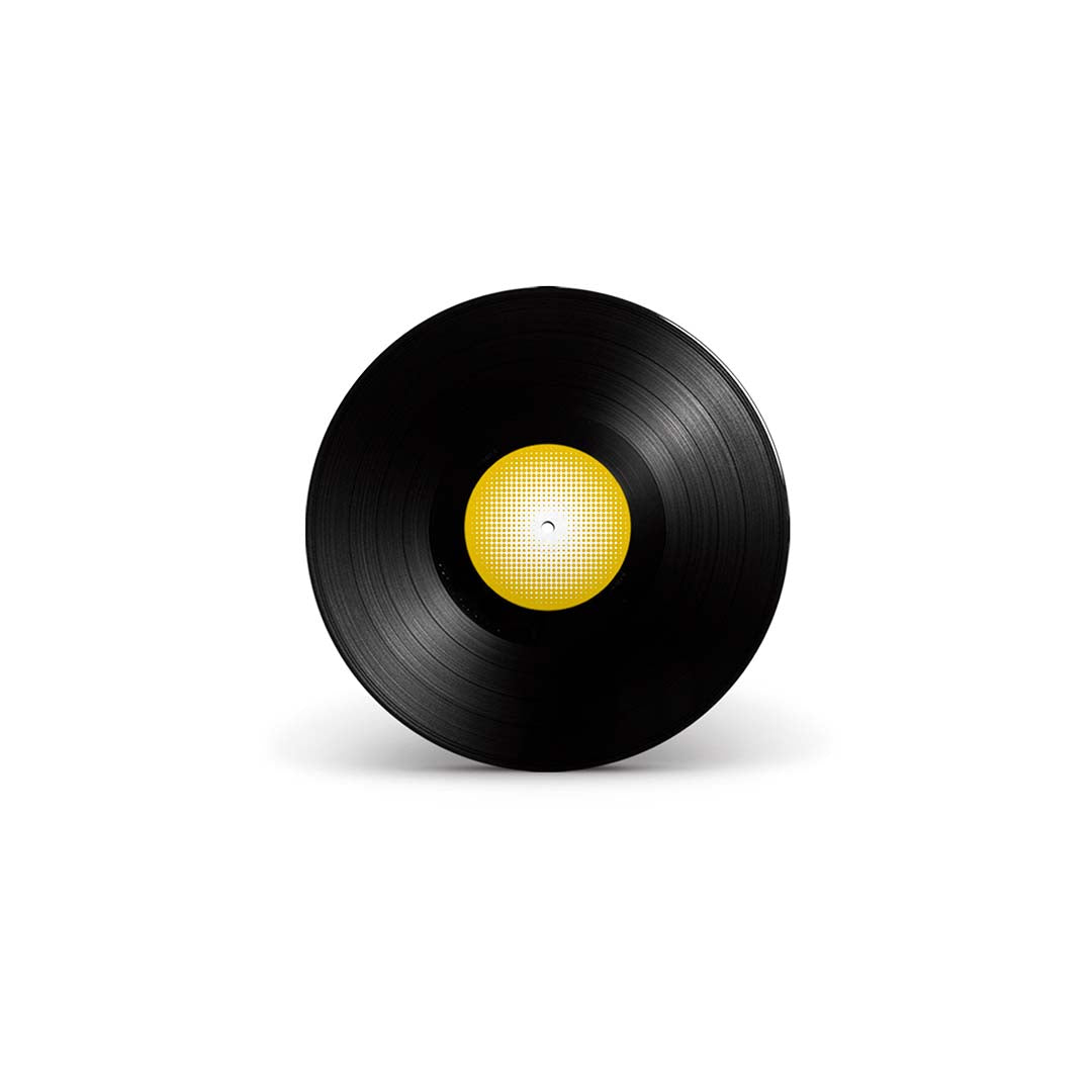 Disco de vinil preto com rótulo central amarelo e branco em padrão geométrico circular.