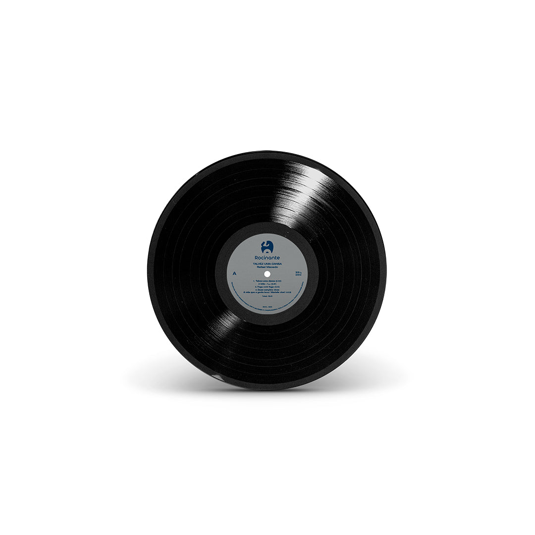 Disco de vinil preto com rótulo central cinza e azul da edição Talvez Uma Dansa de Rafael Macedo.