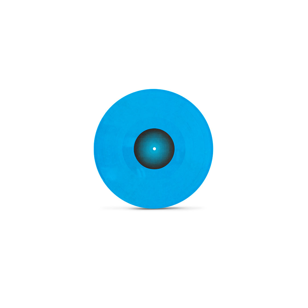 Disco de vinil azul translúcido com rótulo central preto e azul da edição Anarkophobia.