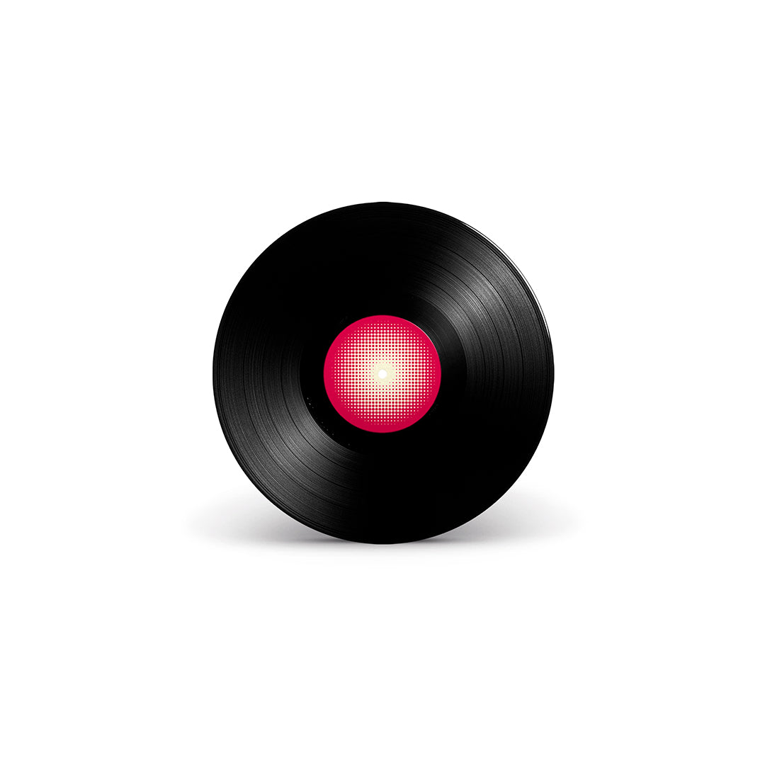 Disco de vinil preto da edição de Déjà Vu, de Robson Jorge & Lincoln Olivetti, fotografado sobre fundo branco. O selo central é rosa com padrão gráfico em pontos brancos.