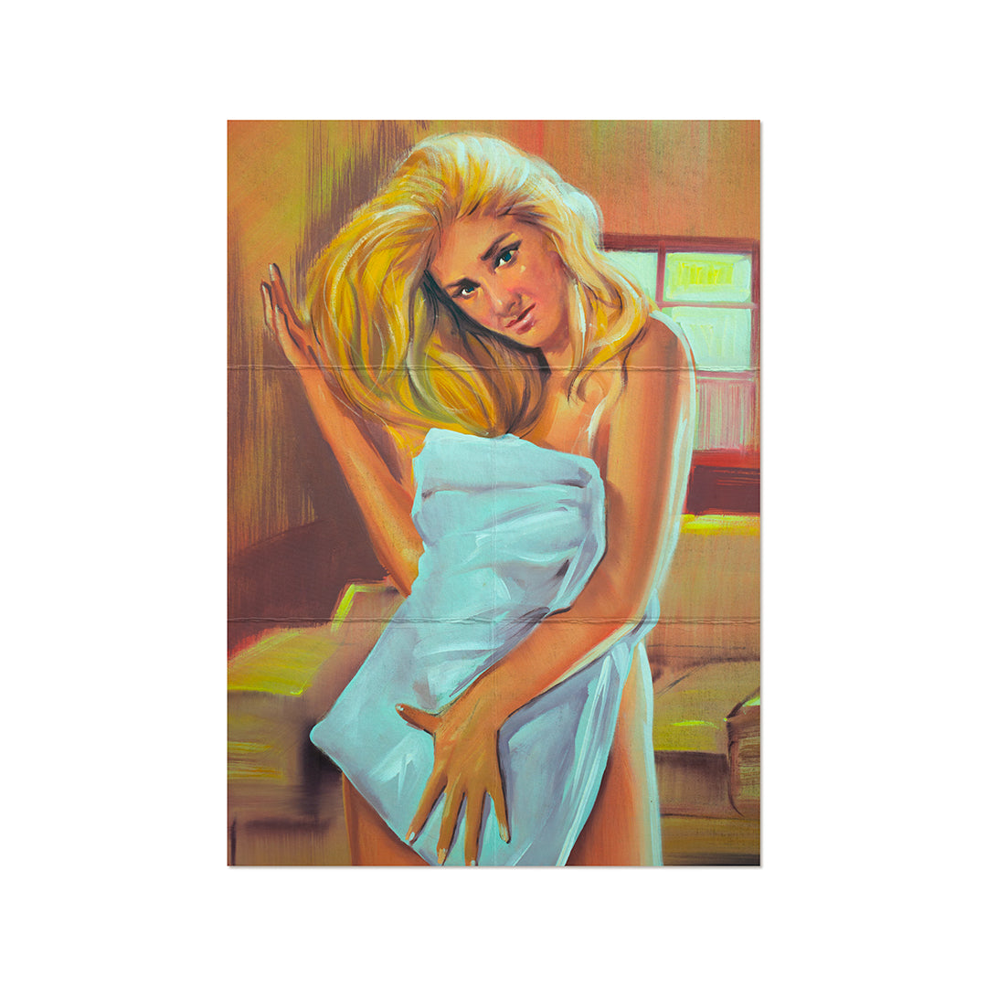 Encarte de O Samba Poconé, do Skank, com ilustração de uma mulher loira envolta em tecido branco em uma composição de tons quentes.
