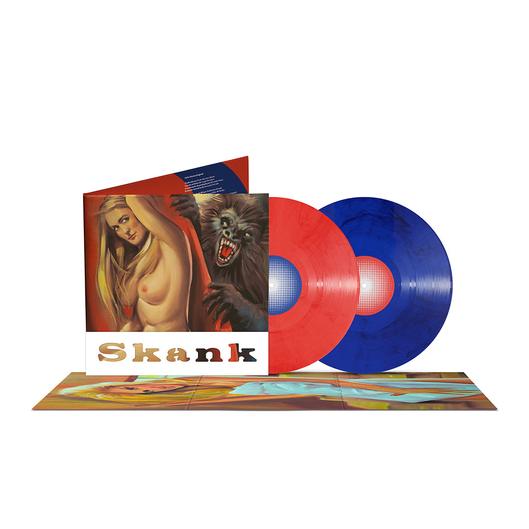 Mockup da edição em vinil duplo de O Samba Poconé, do Skank, com capa ilustrada, encarte aberto e dois discos de vinil translúcidos, um vermelho e outro azul.