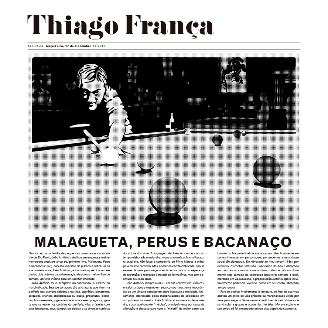 Capa do álbum Malagueta, Perus e Bacanaço, de Thiago França, inspirada em uma página de jornal em preto e branco. A arte traz uma ilustração de uma partida de sinuca, o nome do artista no topo e o título do álbum em destaque.