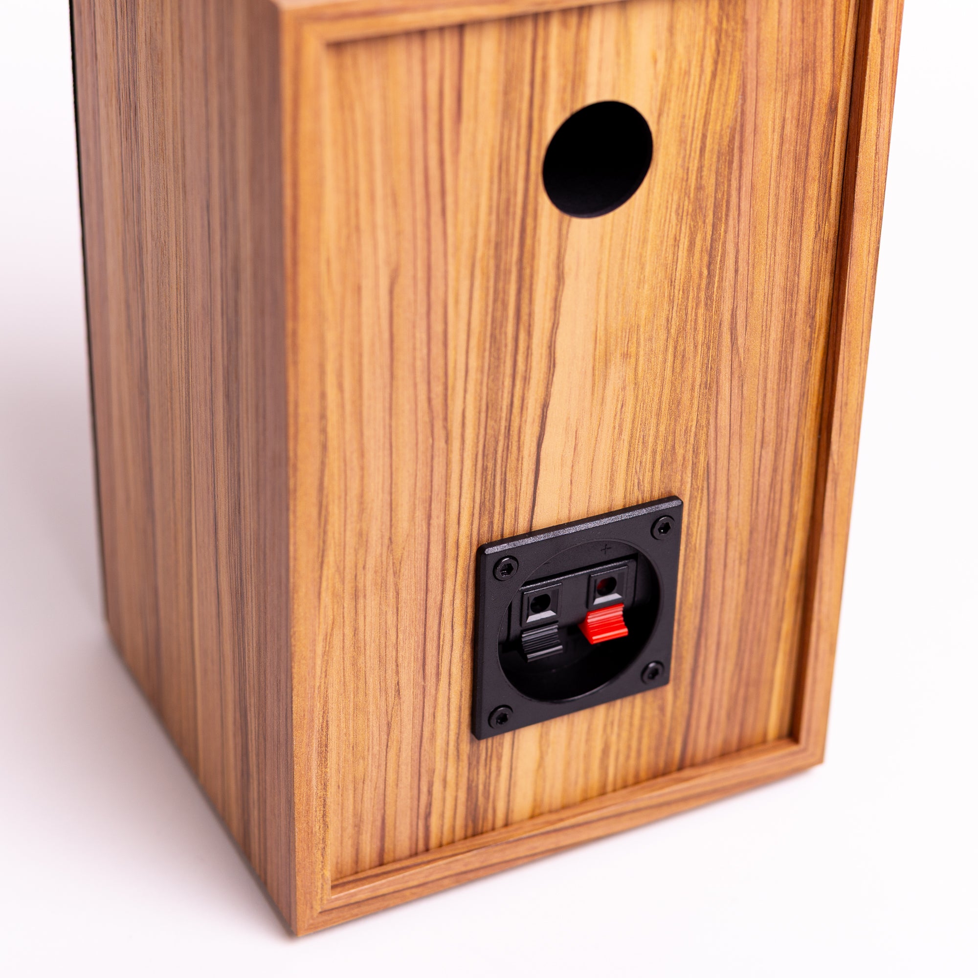 Parte traseira da caixa de som passiva Três Selos Rocinante, mostrando as entradas de som para o toca-discos de vinil.